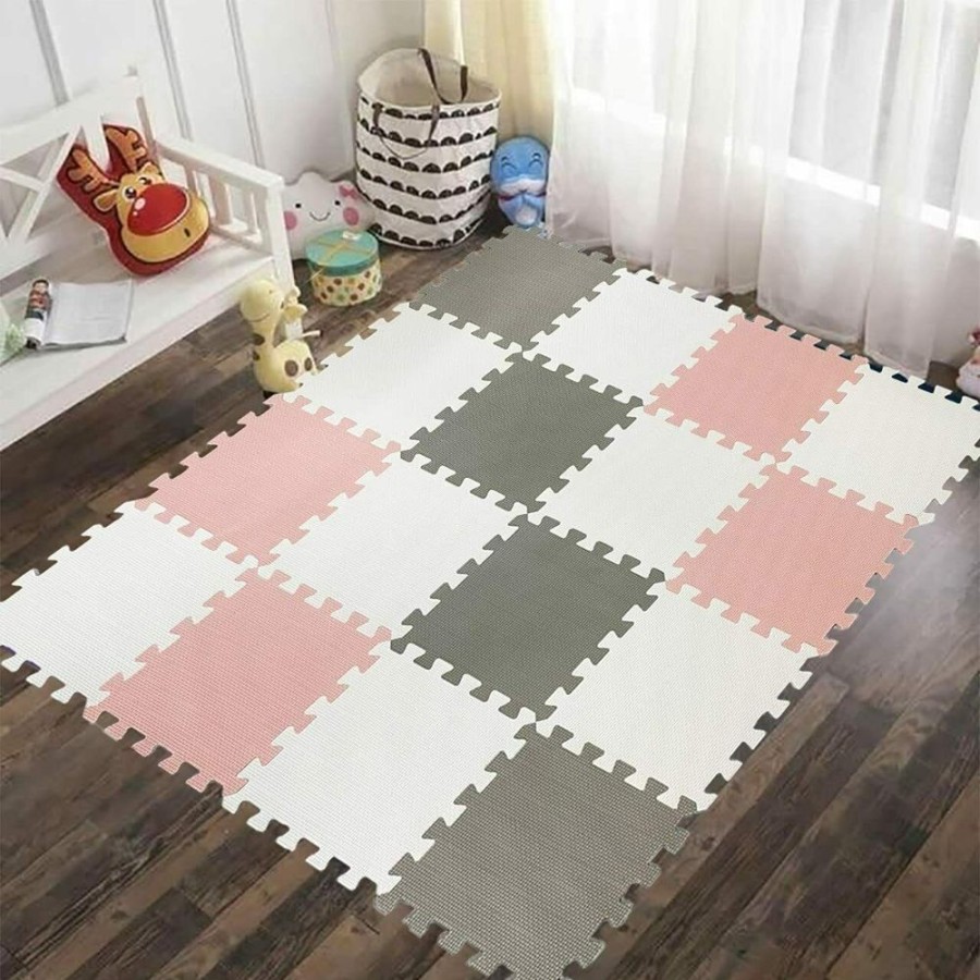 Baby & Nursery littlehelper Baby Play Mats | 24 Interlocking Montessori Thick Foam Play Mats | Jigsaw Mats For Baby Playpens And Playrooms | Grey, Pink & White