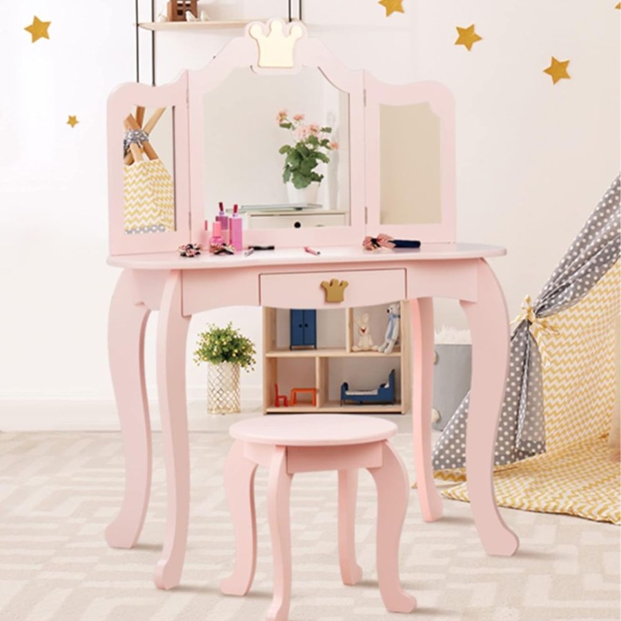 Toddler Furniture & Accessories littlehelper | Pink Dressing Table With Tri-Folding Removable Mirror And Stool | Vanity Unit With Drawer | 3-6 Years