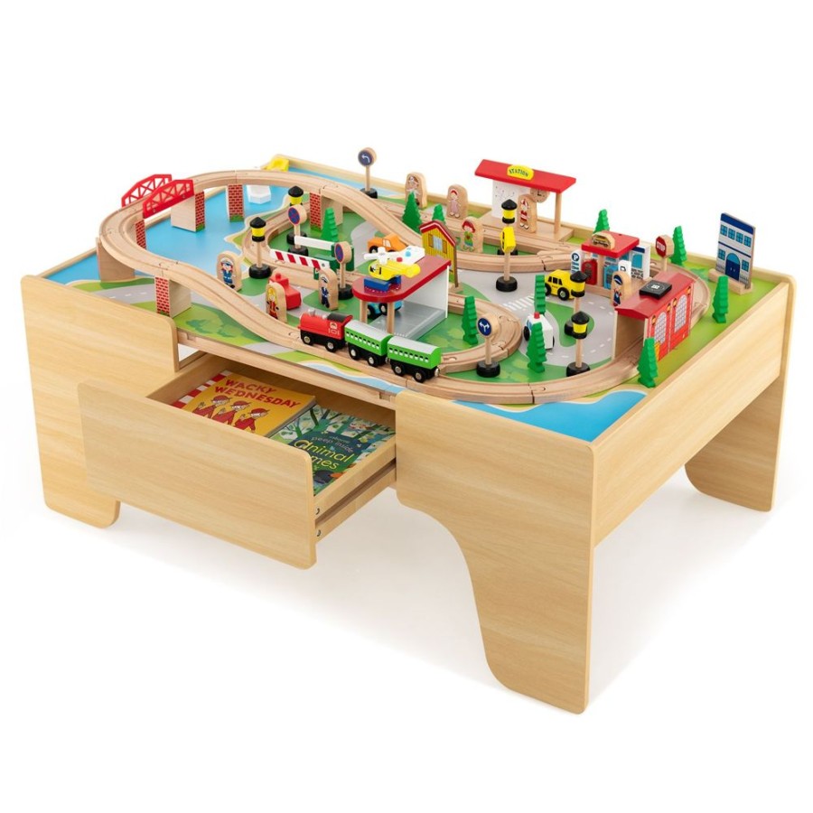 Playtime littlehelper Role Play Toys | Deluxe Large Montessori 2-In-1 Wooden Train Set & Table | 84Pc Train Set