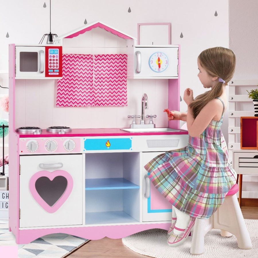 Playtime littlehelper Toy Kitchens | Children'S | Kids Large Wooden Toy Kitchen Including Playset | Pink | 3-8 Years