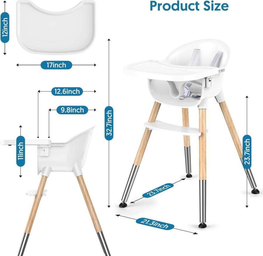 Mealtime littlehelper | Toddler Highchair With 5-Point Safety Belt | Removable Tray | White & Wooden | 6 Months +