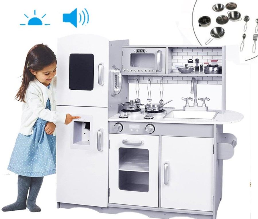 Playtime littlehelper Toy Kitchens | Deluxe Montessori Inspired Wooden Toy Kitchen | Water Dispenser | Phone | Large Blackboard & Accessories