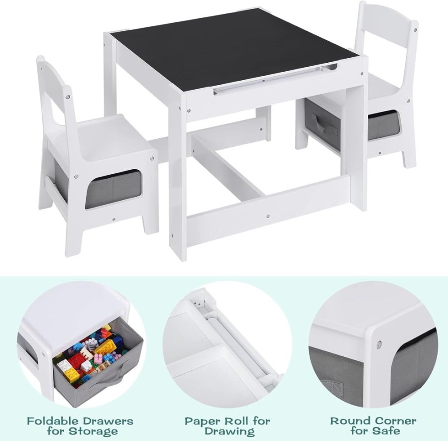 Toddler Furniture & Accessories littlehelper | Montessori 4-In-1 Table & Chairs | Reversible Top | Blackboard | Desk | Paper Roll | Grey Storage Drawers