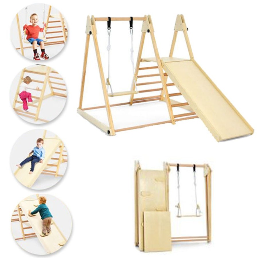 Playtime littlehelper Kids Climbing Frames | 4-In-1 Indoor Folding Eco Wood Montessori Climbing Gym With Swing | Slide | Climbing Wall | Natural | 3 Years+