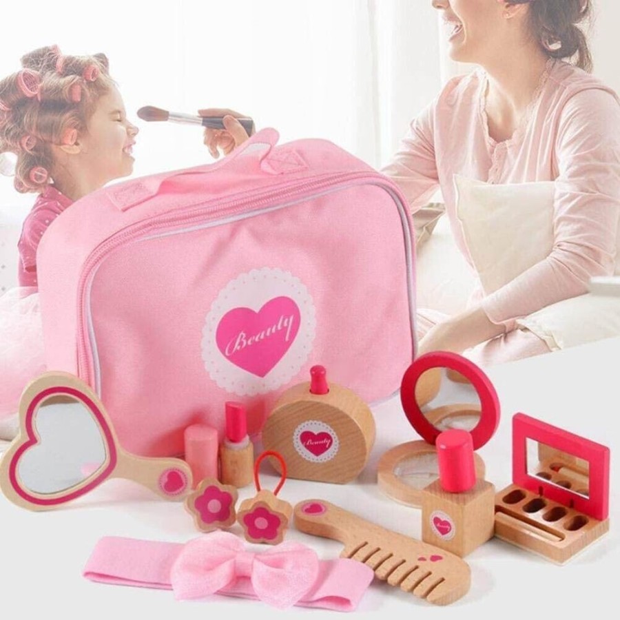 Playtime littlehelper | Montessori Eco 10Pc Wooden Make Up Toy Set | Princess Make Up Toy | Vanity Salon | 3 Years+