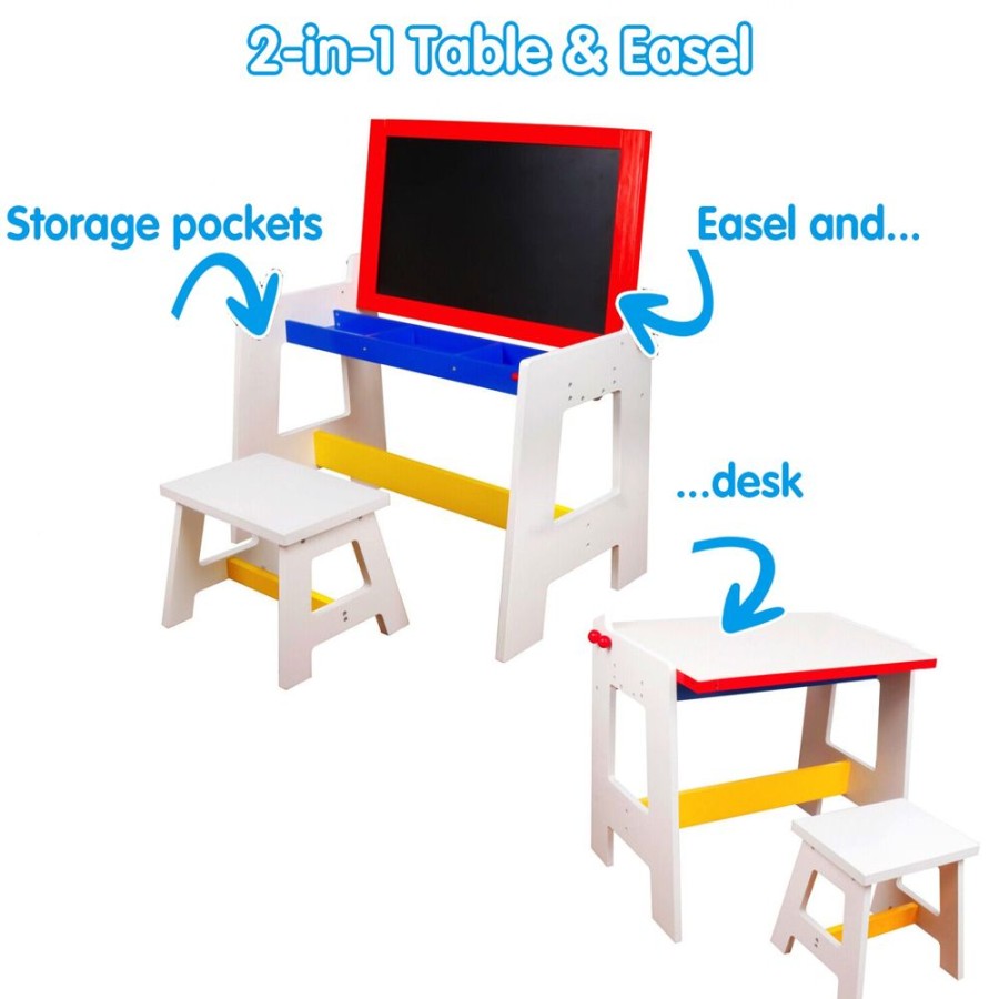 Playtime littlehelper | Eco-Conscious Solid Wood 2-In-1 Desk & Stool Set With Easel, Storage & Paper Roll | 3-8 Years