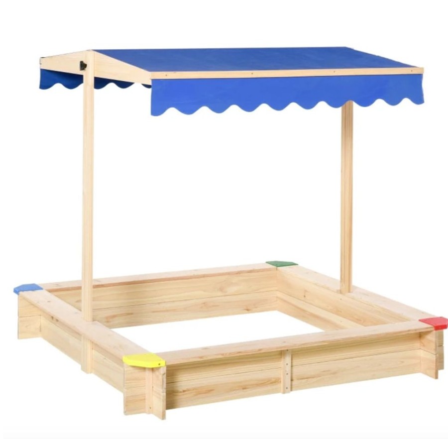 Playtime littlehelper Sand & Water Table | Kids Eco Solid Fir Wood Sandpit With Uv & Waterproof Adjustable Canopy | Blue | 1.2M Square