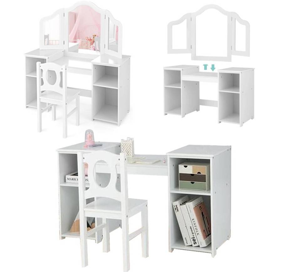 Toddler Furniture & Accessories littlehelper | Montessori 2-In-1 Homework Desk & Vanity Dressing Table & Chair| Bureau | Storage | White | 3-10 Years