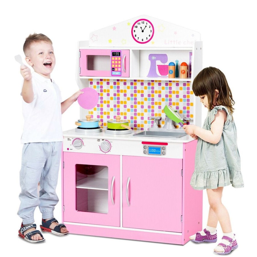 Playtime littlehelper Toy Kitchens | Children'S | Kids Wooden Toy Kitchen Including Playset | Pink & White | 3-7 Years