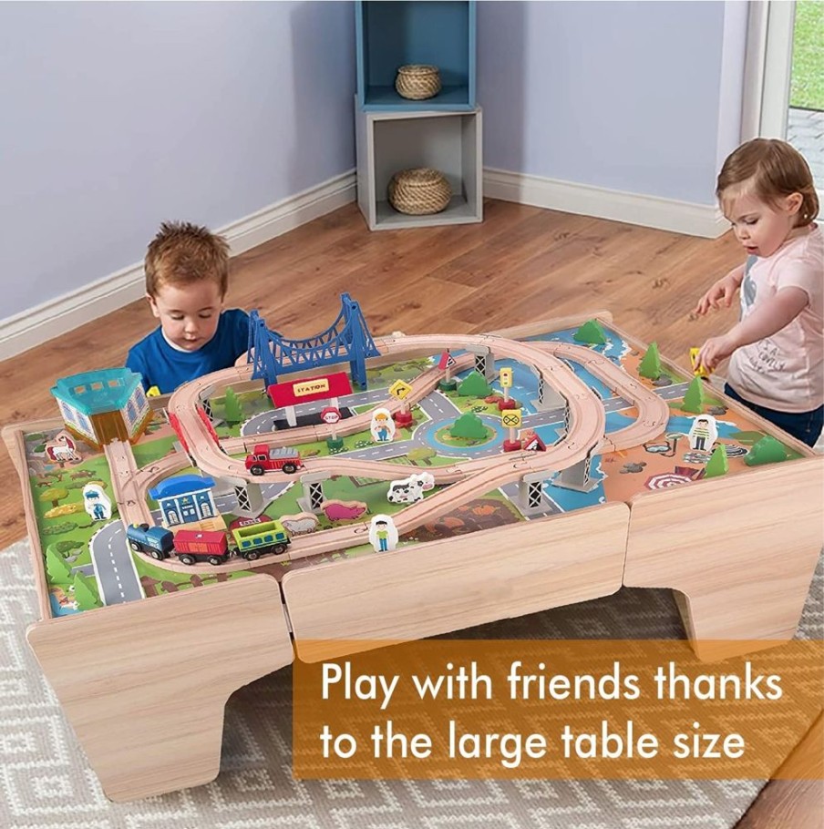 Playtime littlehelper Wooden Toys | Deluxe Large Montessori Wooden Train Set | 2-In-1 Wooden Train Table | 80Pc Train Set