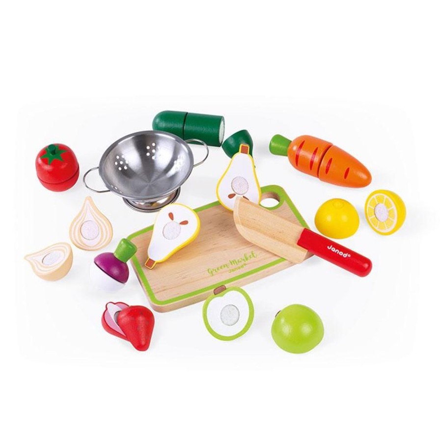 Playtime littlehelper Montessori Toys & Products | 100% Eco Deluxe Kids Montessori Fruit Veg Play Food Set | Mini Colander | Kiddy Knife | Chopping Board & Crate