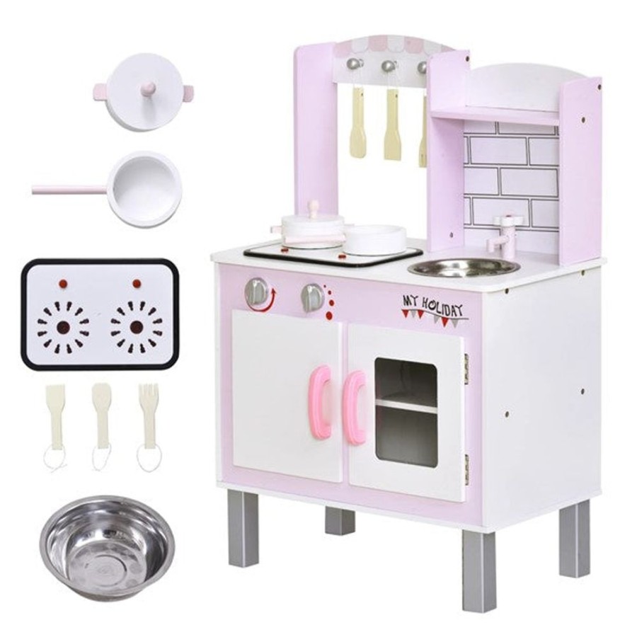 Playtime littlehelper Toy Kitchens | Kids Montessori Inspired Wooden Toy Kitchen With Realistic Sounds & Accessories | Candy Pink & White