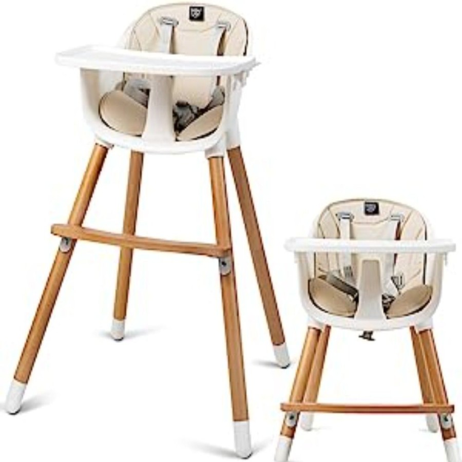 Mealtime littlehelper | 3-In-1 Adjustable Height Beech Wooden High Chair & Tray | Low Chair | Beige Cushion