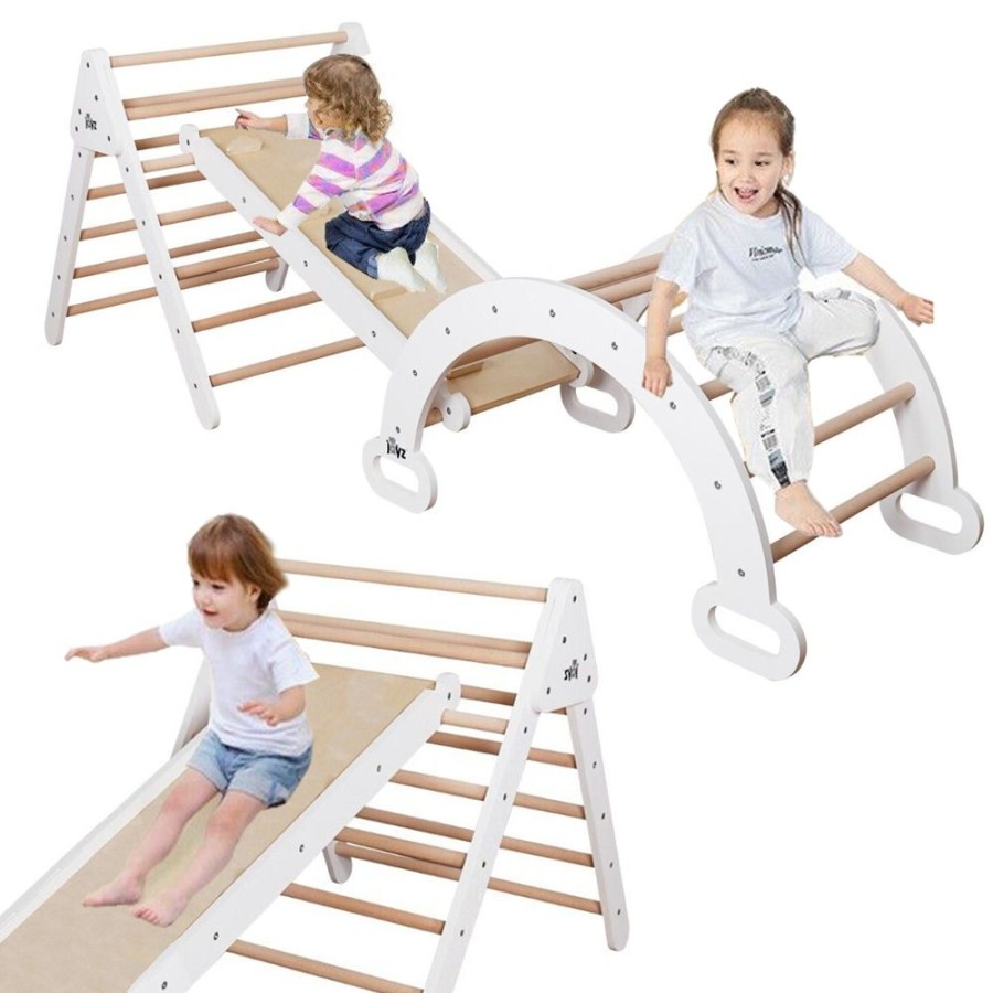 Playtime littlehelper Activity Toys | 6-In-1 Children'S Eco Wood Climbing Frame | Montessori Pikler Set | Arch | Rocker | Slide | Climbing Triangle | Den | White/Natural