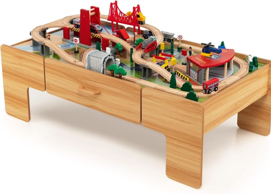 Playtime littlehelper Montessori Toys & Products | Deluxe Montessori Wooden Train Set | 2-In-1 Wooden Train Table | 100Pc Train Set