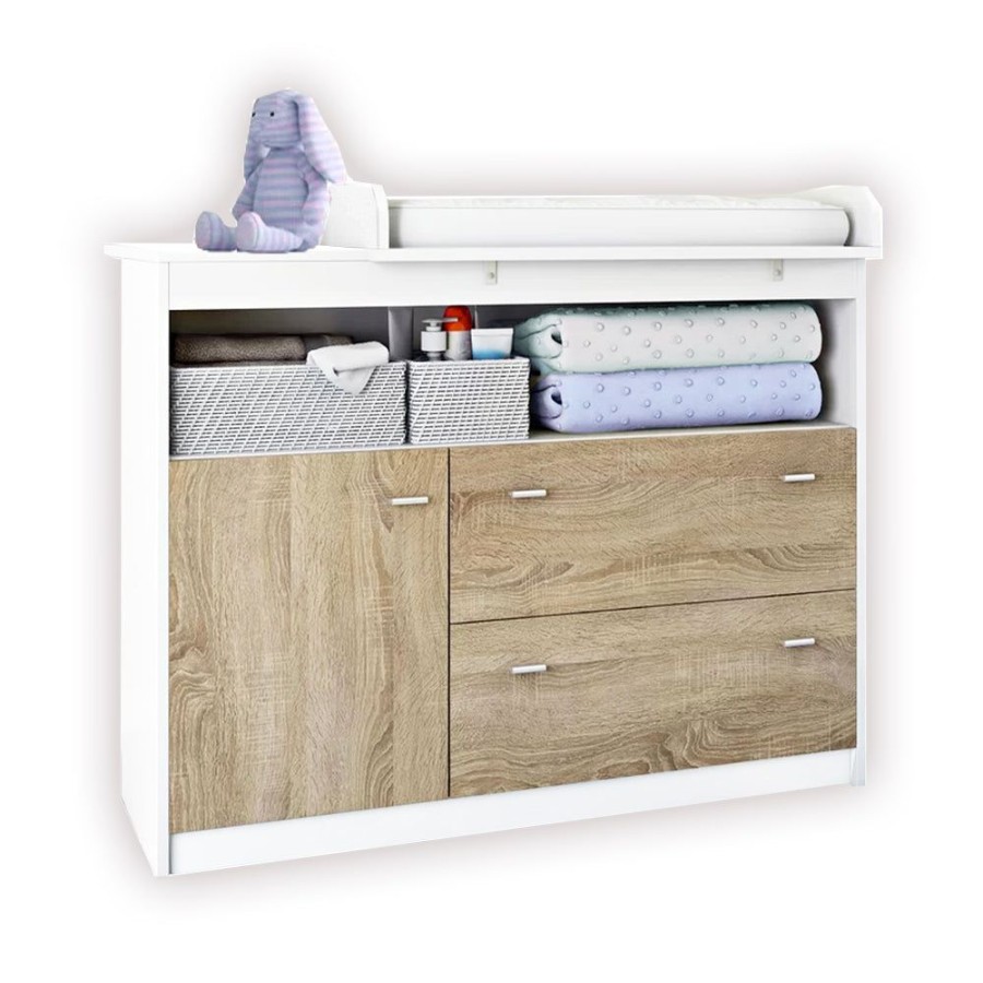 Baby & Nursery littlehelper Changing Units | Eco Conscious Sonoma Oak Wood Baby Changing Unit | Storage Pockets | Cupboard & 2 Drawers | Removable Topper | White & Oak