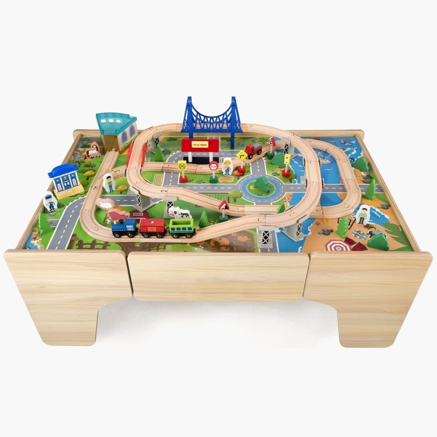 Playtime littlehelper Role Play Toys | Deluxe Large Montessori Wooden Train Set | 2-In-1 Wooden Train Table | 80Pc Train Set