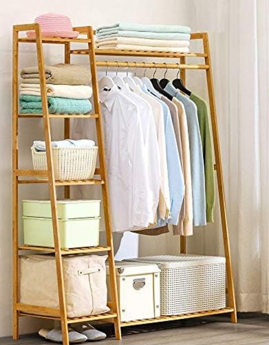 Toddler Furniture & Accessories littlehelper | Bamboo Wood Minimalistic Clothes Rail | Freestanding Clothes Rack With 7 Shelves | Natural | 1.1M High