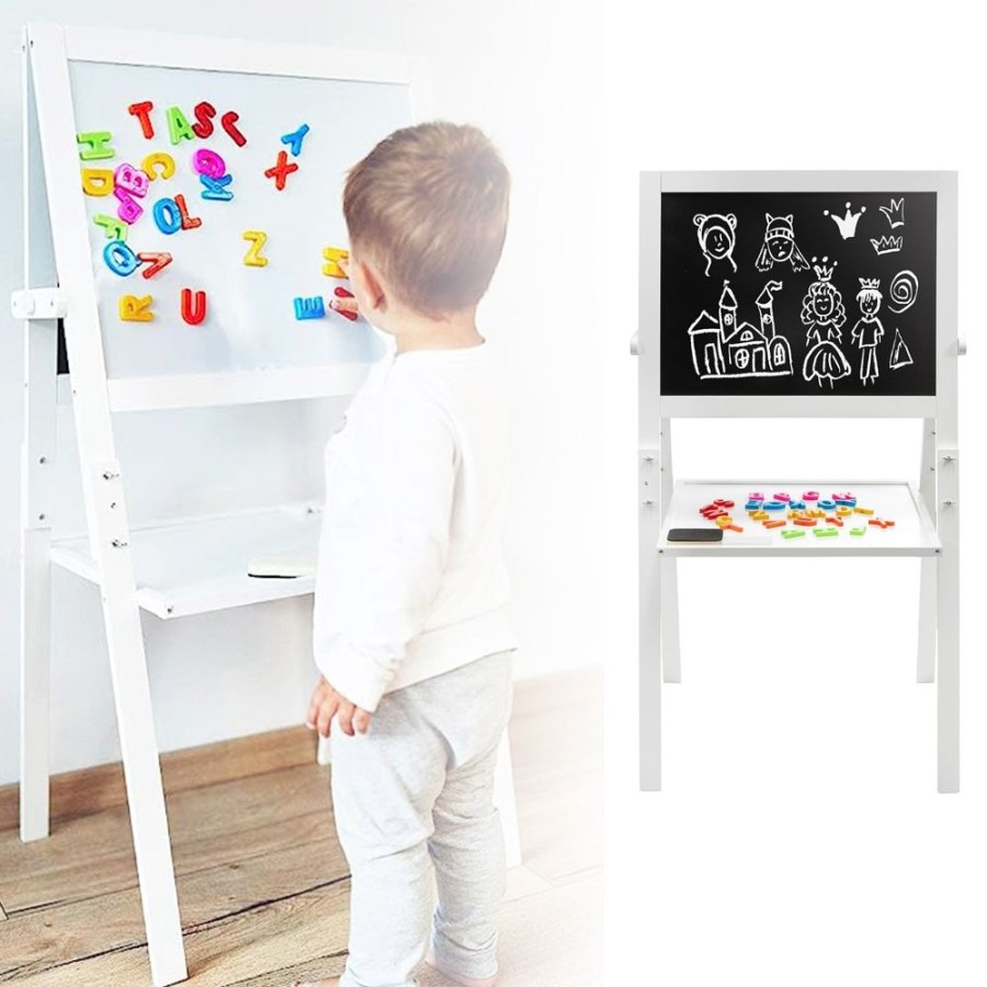 Playtime littlehelper | Montessori Double Sided Wooden Easel | Magnetic | Whiteboard, Magnets & Chalk | White | 98Cm High