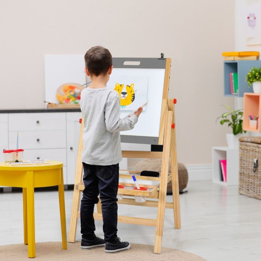 Playtime littlehelper | Montessori Height Adjustable Folding Wooden Easel | Whiteboard & Blackboard | Storage Tray | 3 Years+