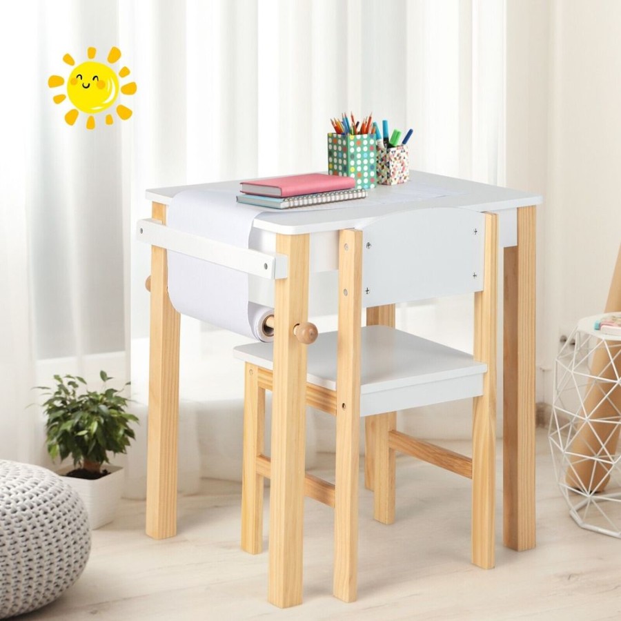 Playtime littlehelper Montessori Toys & Products | Montessori Wooden Desk & Ergonomic Spine-Supporting Chair | Paper Roll | White & Natural | 3 Years+