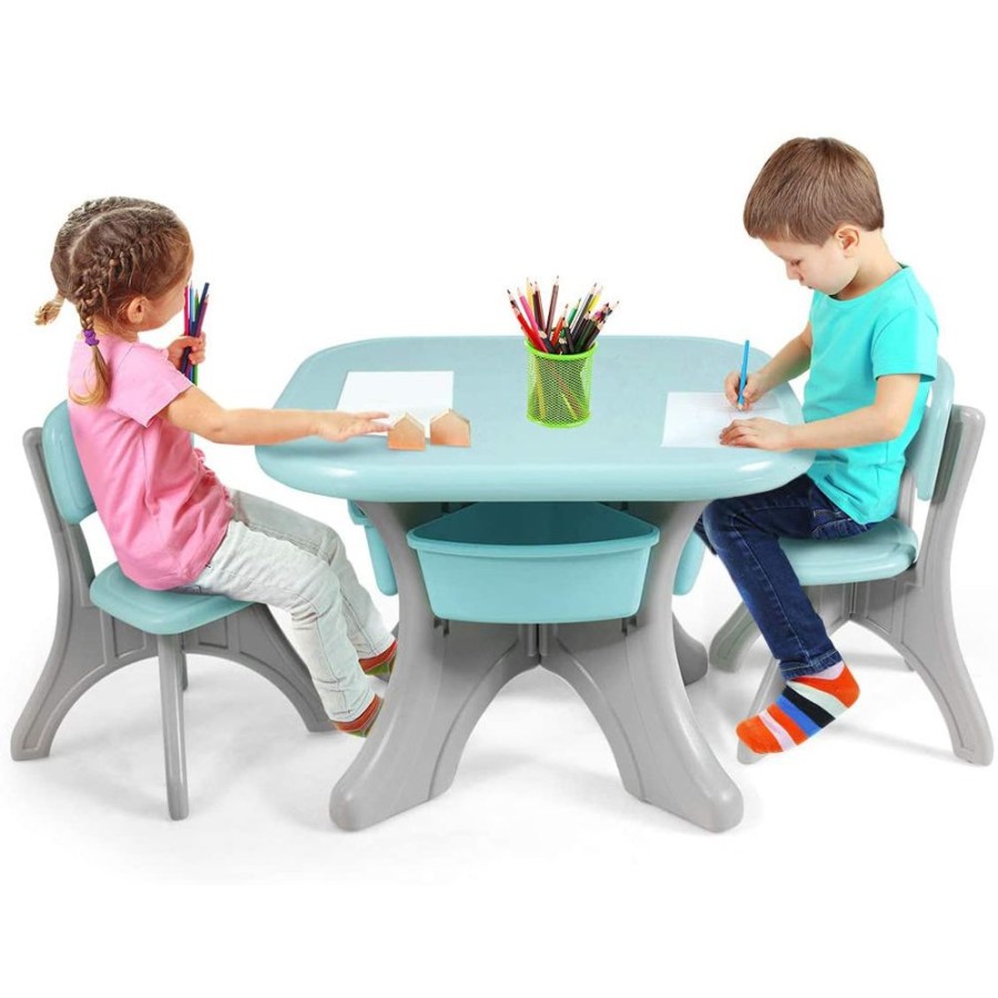 Toddler Furniture & Accessories littlehelper | Kids Chunky And Funky Large Table & Chairs With Storage | Grey & Aqua | 3-8 Years