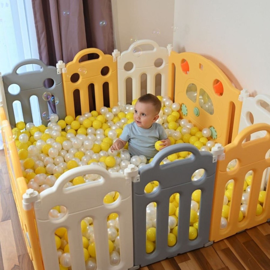 Baby & Nursery littlehelper Baby Playpens | 10 Panel Folding Modular Baby Playpen And Ball Pool | Car Themed | Sunshine Yellow