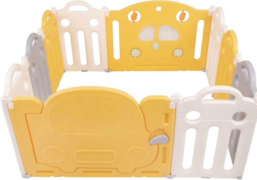 Baby & Nursery littlehelper Baby Playpens | 10 Panel Folding Modular Baby Playpen And Ball Pool | Car Themed | Sunshine Yellow