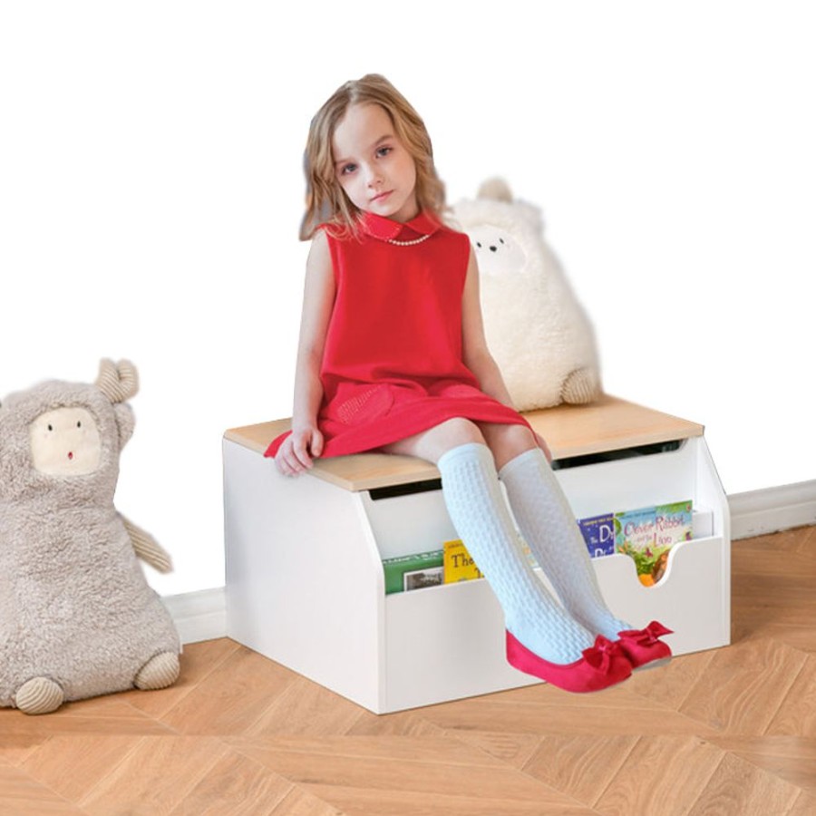 Playtime littlehelper Montessori Toys & Products | 3-In-1 Montessori Toy Box, Bookshelf & Seat With Child Safety Hinge | White | 58L X 43W X 30H Cm